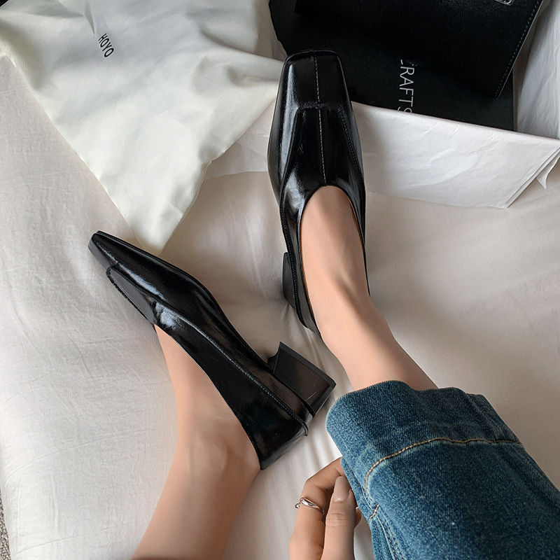 Karin Luna In Stock Spot Goods  Retro Full Leather Square Toe Shallow Mouth Single Shoes