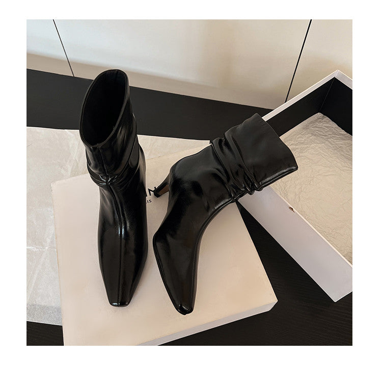 Karin Luna In Stock Spot Goods  Retro Wrinkled Small Square Toe Short Boots