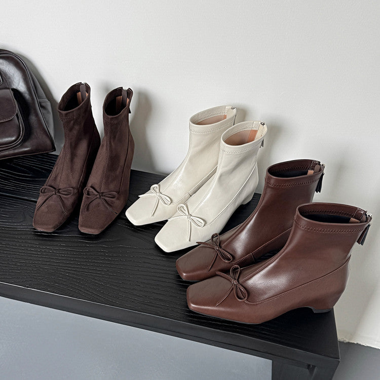 Karin Luna French Style Square Toe Bowknot Hidden Wedge Slim Boots
