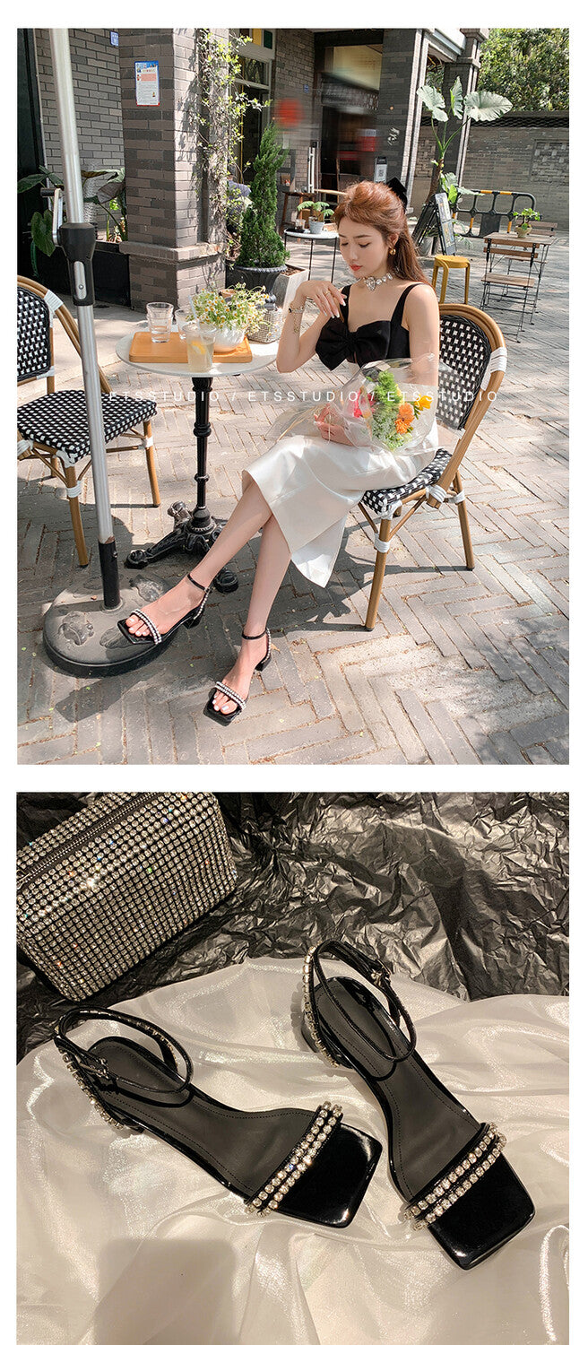 Karin Luna Classic Style   Rhinestone Strap Chunky Heel Open-Toe Sandals