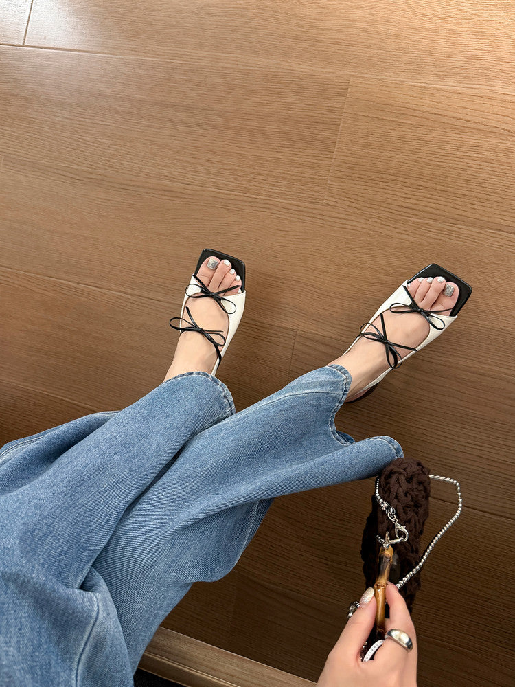 Karin Luna In Stock Spot Goods Square Toe Double Bow Thick Heel Sandals