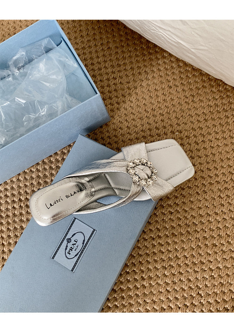 Karin Luna In Stock In Stock Elegant Square-Toe Cross-Strap Rhinestone Square-Toe Slippers