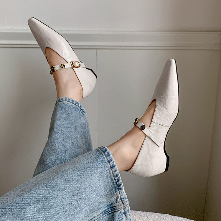 Karin Luna In Stock Spot Goods    Retro Classic Metal Camellia Irregular Heel Single Shoes
