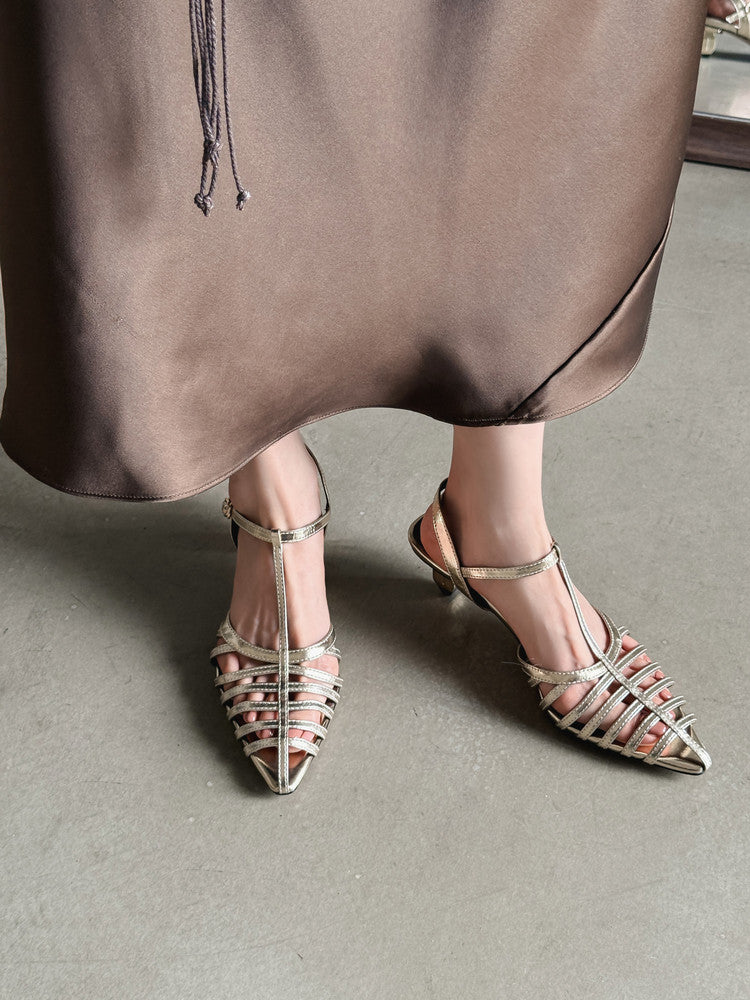 Karin Luna French Hollow Toe Metal Heel Elegant Sandals