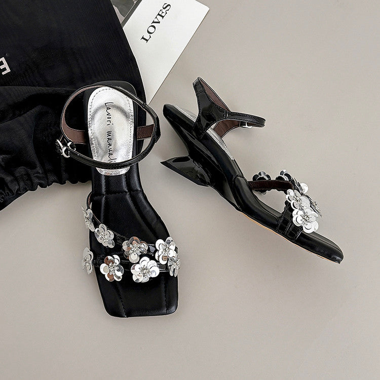 Karin Luna In Stock Spot Goods All the Best Square-Toed Sequin Flower Sandals