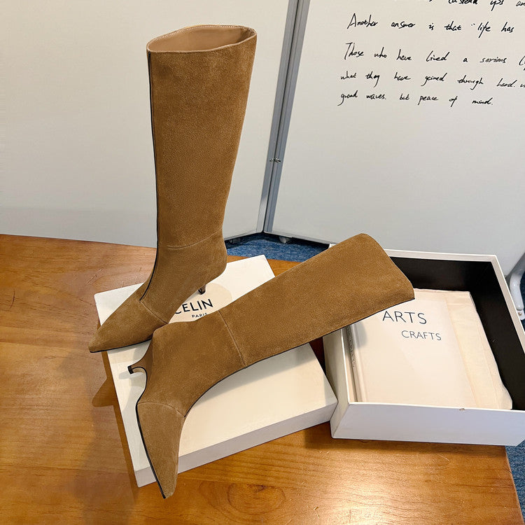 Karin Luna In Stock Spot Goods Retro Cowhide Pointed Toe Stiletto Elegant Long Boots