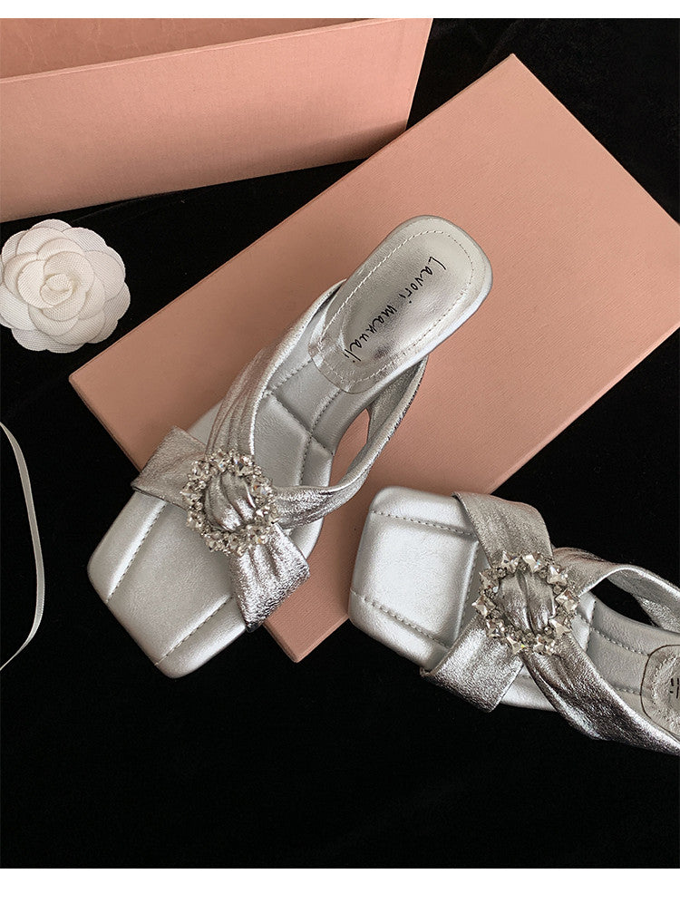Karin Luna In Stock In Stock Elegant Square-Toe Cross-Strap Rhinestone Square-Toe Slippers