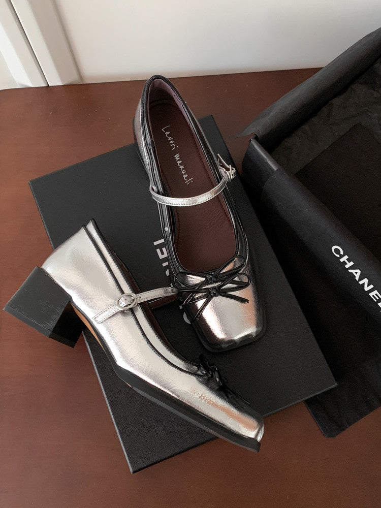 Karin Luna In Stock Spot Goods   One-strap Bowknot Square Toe Chunky Heel Mary Jane Shoes