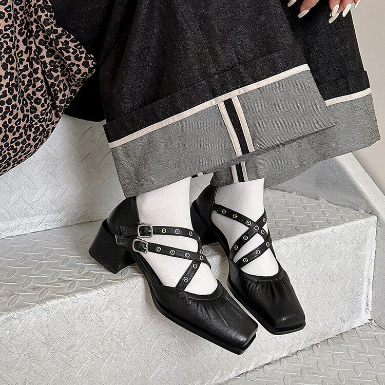 Karin Luna In Stock Spot Goods First Layer Sheepskin Cross Strap Rivet Square Toe Mary Jane Sandals