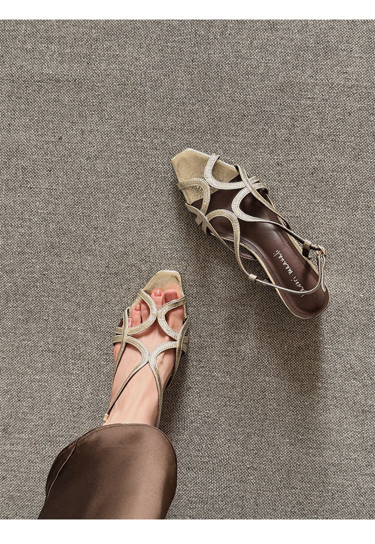 Karin Luna French Hollow Style Small Square Toe Chunky Heel Sandals