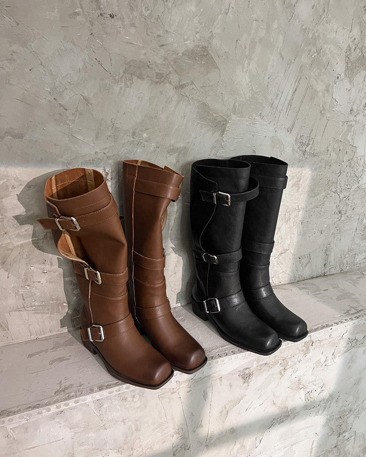 Karin Luna In Stock In Stock European and American Style Square Toe Thick Sole Belt Buckle Long Boots