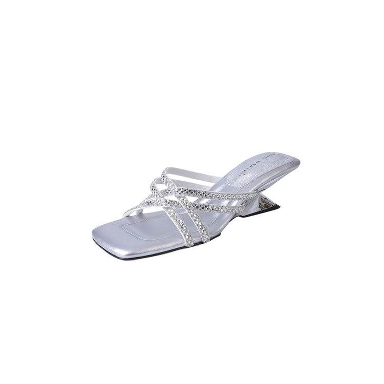 Karin Luna In Stock Spot Goods  Rhinestone Cross Strap Square Toe High Heel Slippers