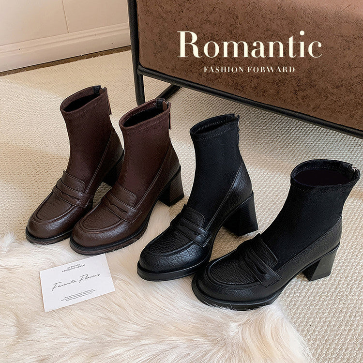 Karin Luna Hot-Selling Element Round Toe Elephant Pattern Elastic Thick Heel Short Boots