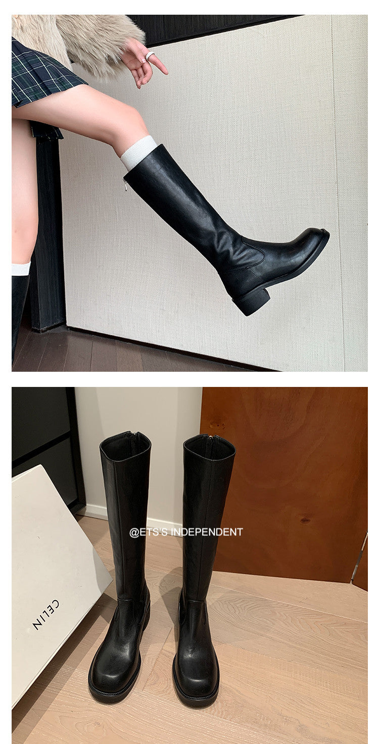 Karin Luna Basic Versatile Style Round Toe Chunky Heel Long Boots