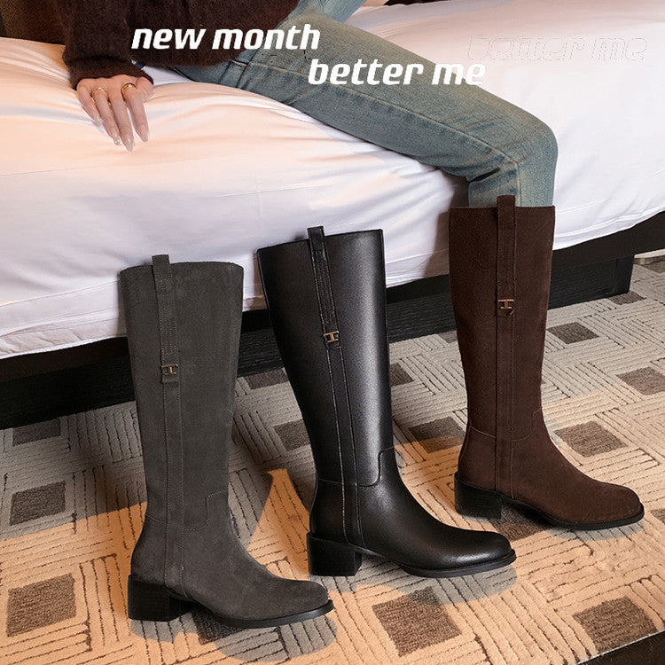Karin Luna In Stock Spot Goods Basic Retro Square Toe Chunky Heel Riding Boots