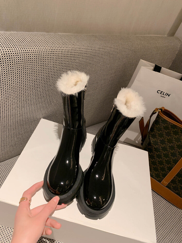 Karin Luna In Stock  Best-selling in stock Thickened Fleece Cow Patent Leather Hot-Selling Flat Short Boots