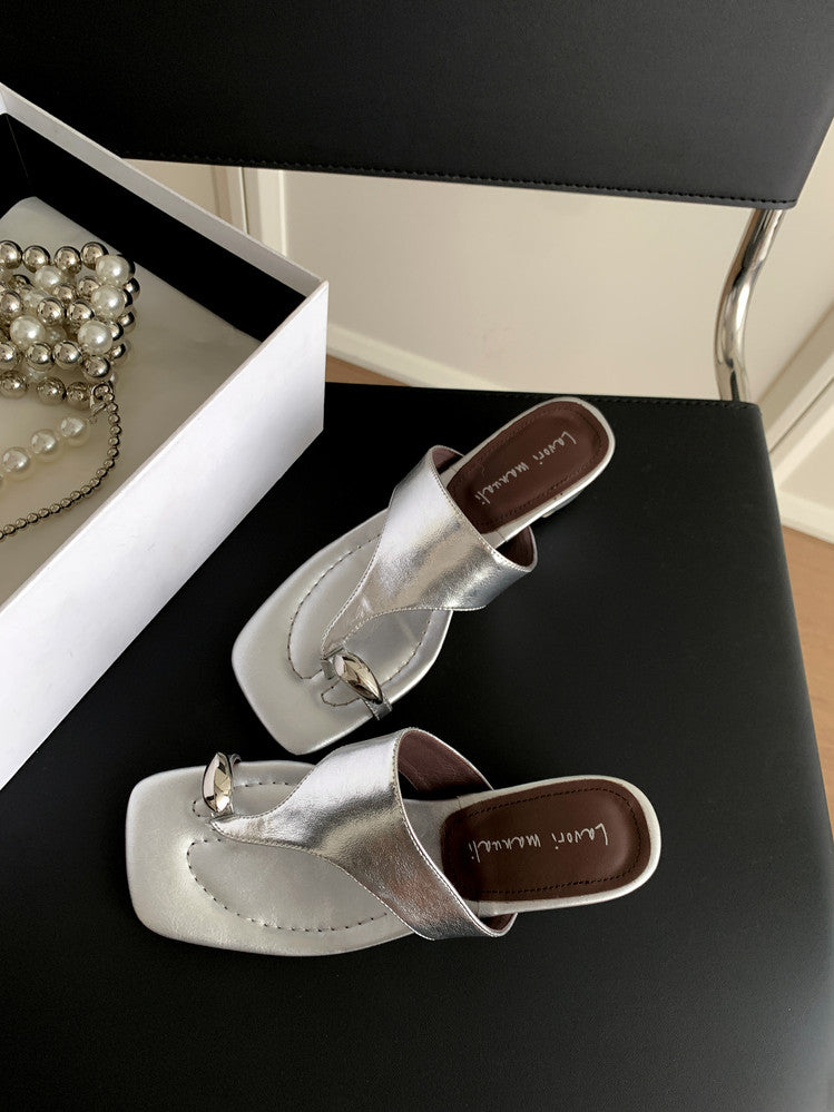 Karin Luna In Stock Spot Goods Clip-toe Square Toe Metal Buckle Minimalist Slippers