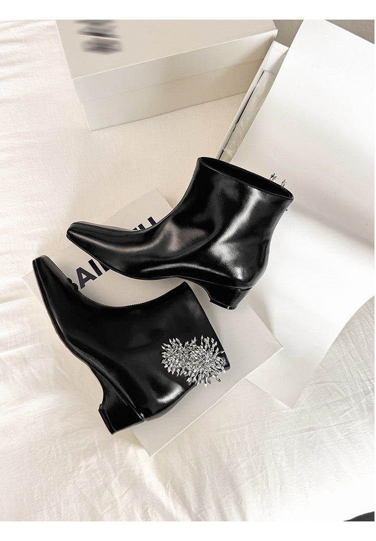 Karin Luna Elegant Style Square Toe Flower Design Height Increasing Short Boots with Two Front and Back Options