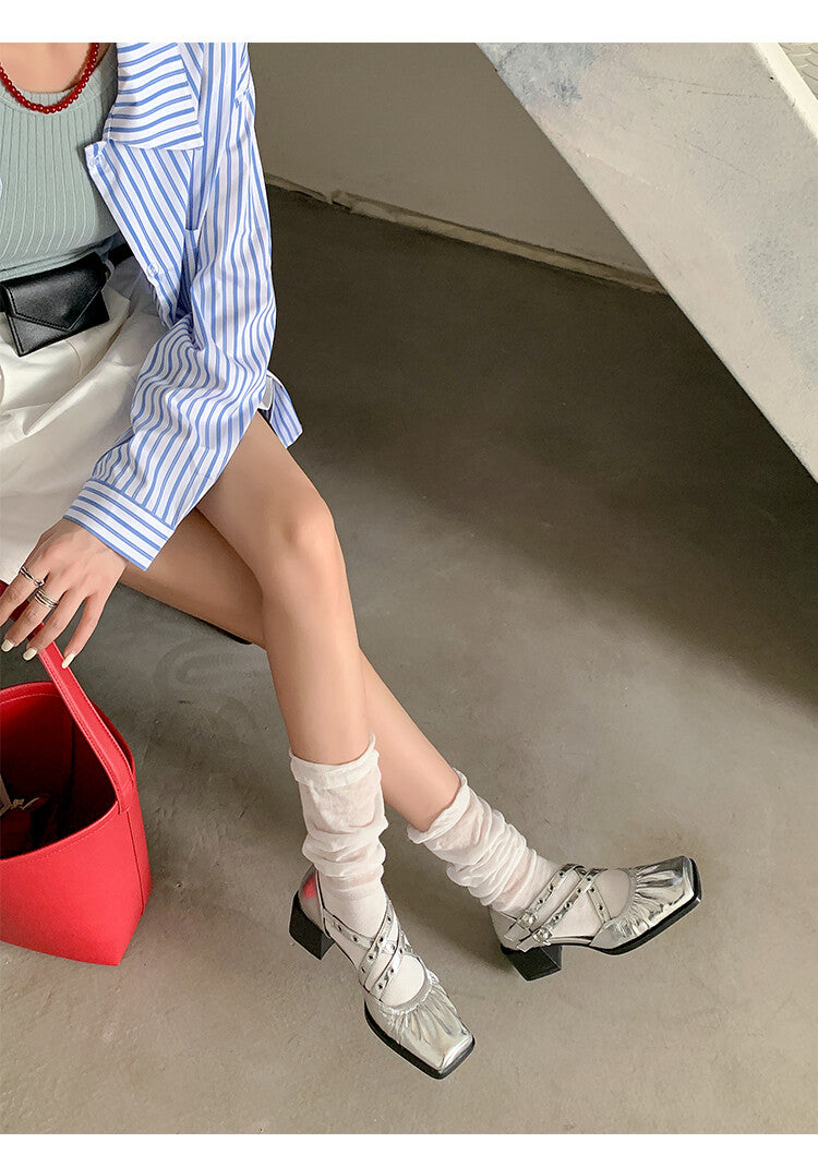 Karin Luna In Stock Spot Goods First Layer Sheepskin Cross Strap Rivet Square Toe Mary Jane Sandals
