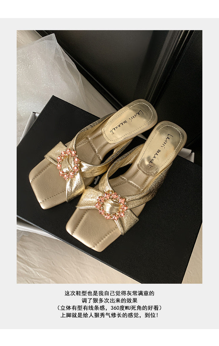 Karin Luna In Stock In Stock Elegant Square-Toe Cross-Strap Rhinestone Square-Toe Slippers