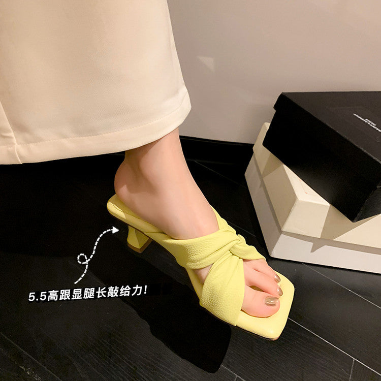 Karin Luna In Stock In Stock  Comfortable Cross Strap  Airy High Heel Square Toe Slippers