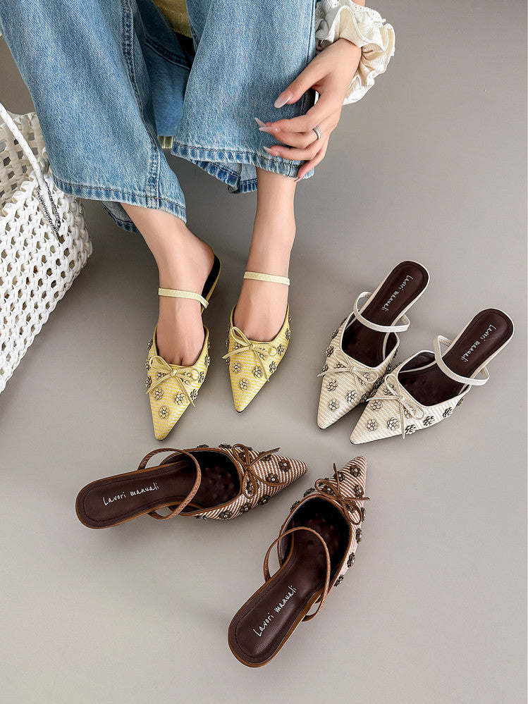 Karin Luna In Stock Spot Goods  Elegant Floral Pointed Toe Rhinestone Slippers