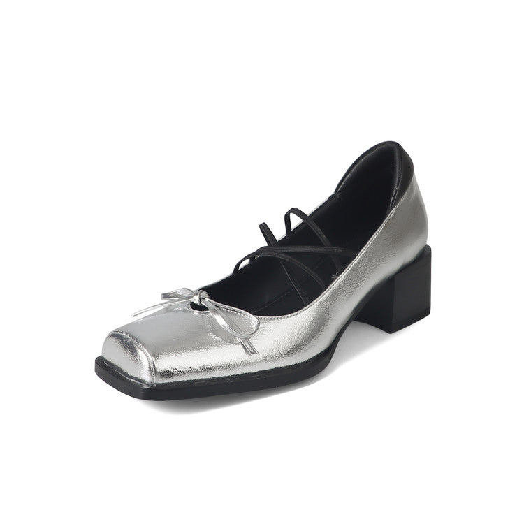 Karin Luna In Stock Spot Goods  Popular Self-flowing Bowknot Square Toe Chunky Heel Single Shoes