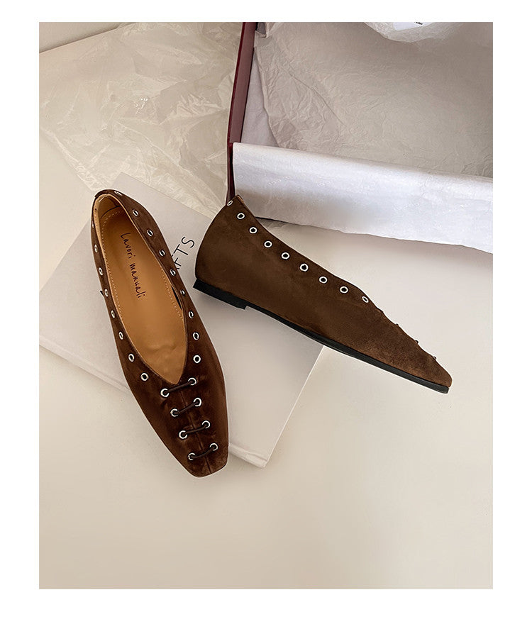 Karin Luna In Stock Spot Goods    Old Money Style Square Toe Suede Flats