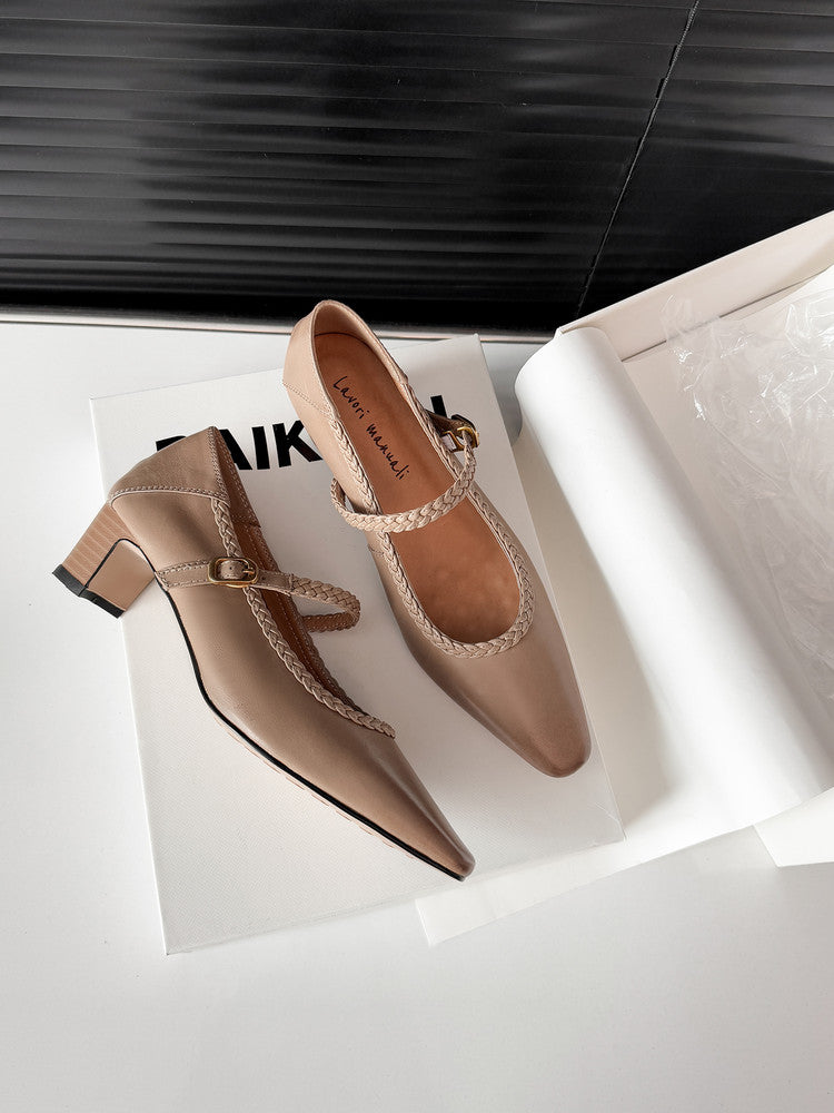 Karin Luna Braided Element Design Chunky Heel Square Toe Single Strap Shoes