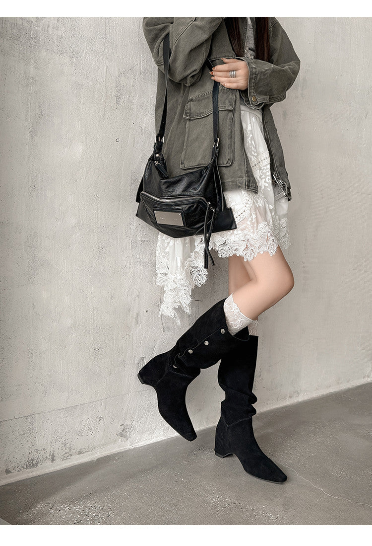 Karin Luna Bestseller Hot-Selling Hidden Buckle Lazy Style Square-Toe Height-Increasing Suede Western Boots