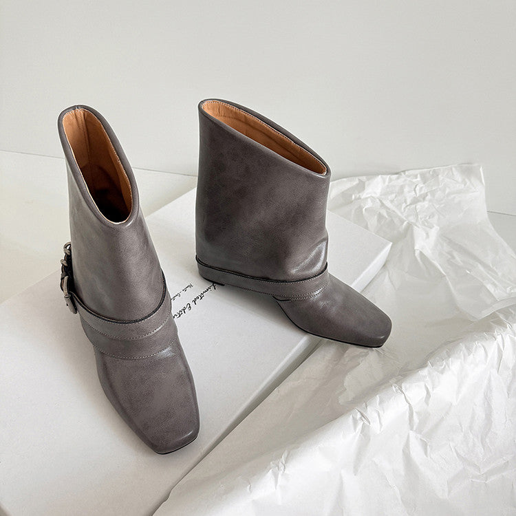 Karin Luna Data Hot Item Square Toe Hidden Wedge Belt Buckle Suede Ankle Boots