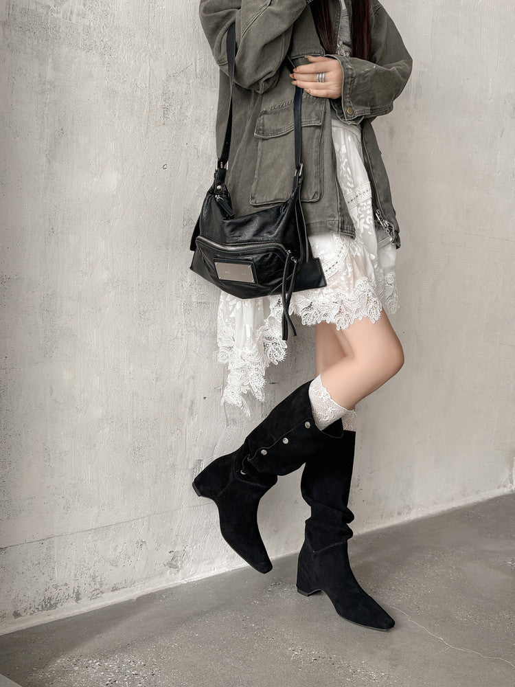 Karin Luna Bestseller Hot-Selling Hidden Buckle Lazy Style Square-Toe Height-Increasing Suede Western Boots