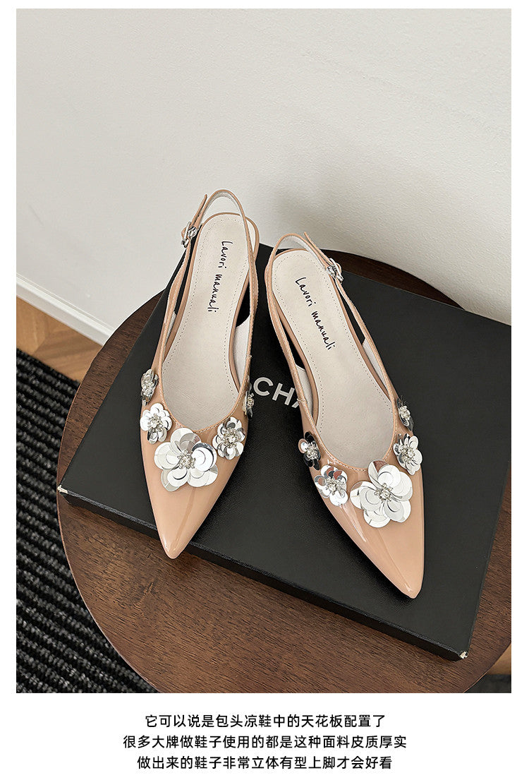 Karin Luna In Stock In Stock  Sequin Floral Pointed Toe Chunky Heel Closed-Toe Sandals