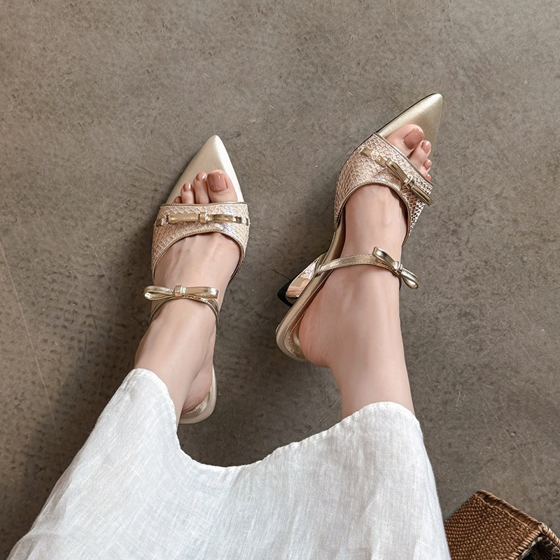 Karin Luna Fish Skin Series~Pointed Toe Irregular Heel Bowknot Strap Slippers