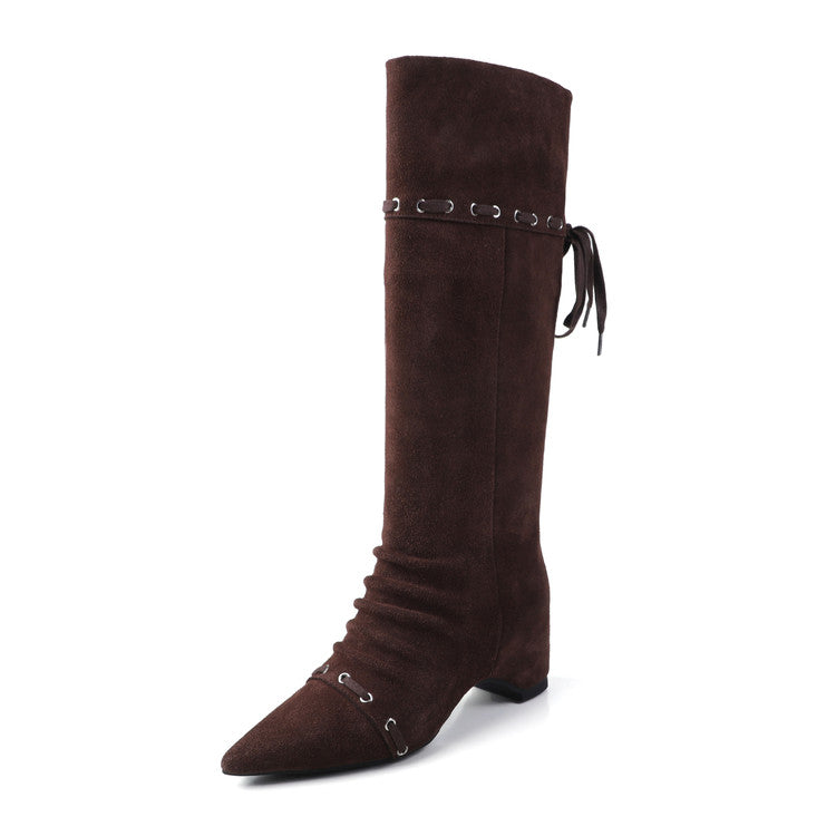 Karin Luna Elegant Style  Pointed Toe Pleated Hidden Wedge Western Boots