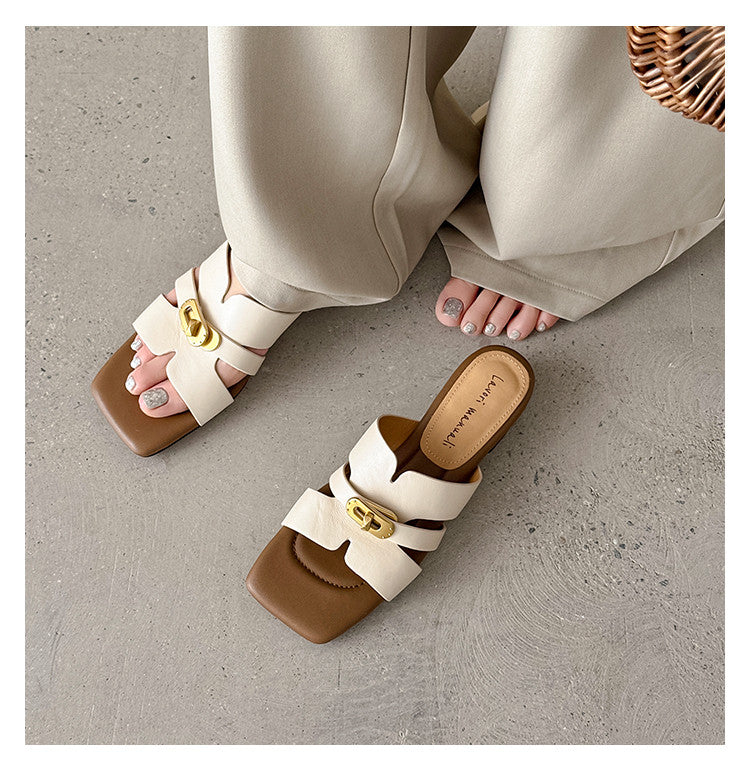 Karin Luna Comfortable Gold Buckle Square Toe Chunky Heel Casual Style Slippers
