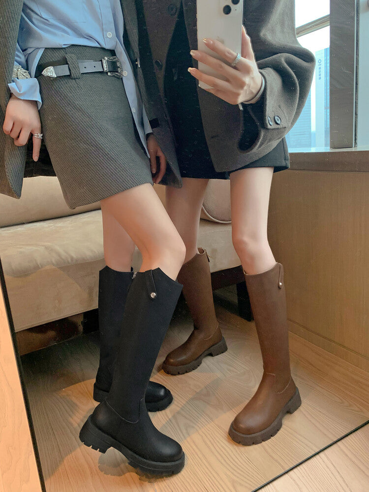Karin Luna Hot-Selling In Stock   Basic Casual Hot-Selling Round-Toe Long Boots Full Cowhide Leather Long Boots Flat Bottom Hot Sale