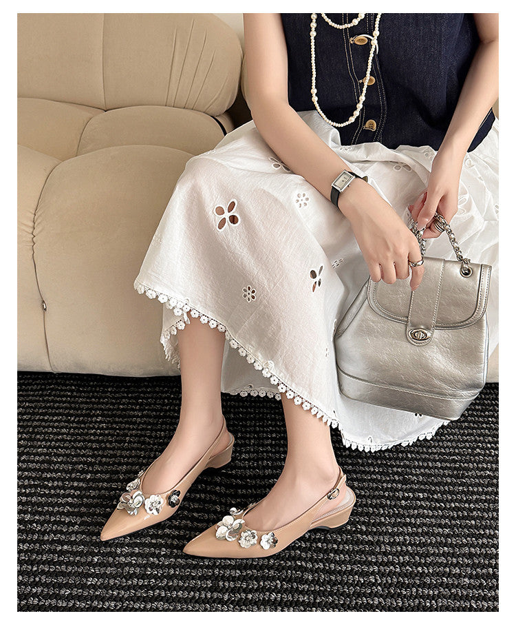 Karin Luna In Stock In Stock  Sequin Floral Pointed Toe Chunky Heel Closed-Toe Sandals