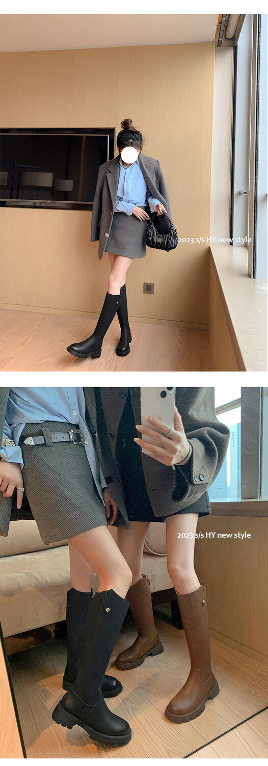 Karin Luna Hot-Selling In Stock   Basic Casual Hot-Selling Round-Toe Long Boots Full Cowhide Leather Long Boots Flat Bottom Hot Sale