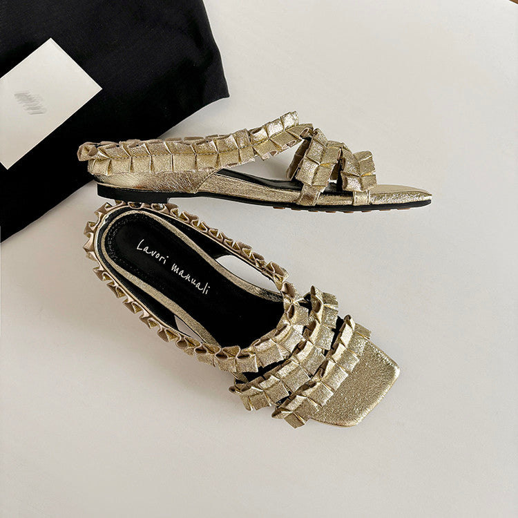 Karin Luna In Stock   Spot Goods  Niche Design Square-Toed Pleated Flat Slippers