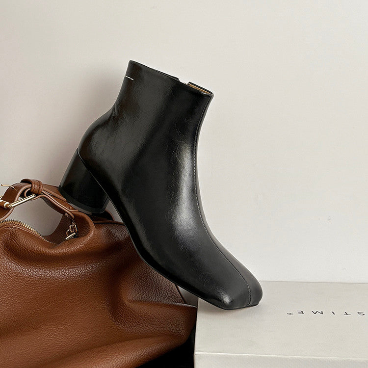 Karin Luna French Style Square Toe Chunky Heel Ankle Boots