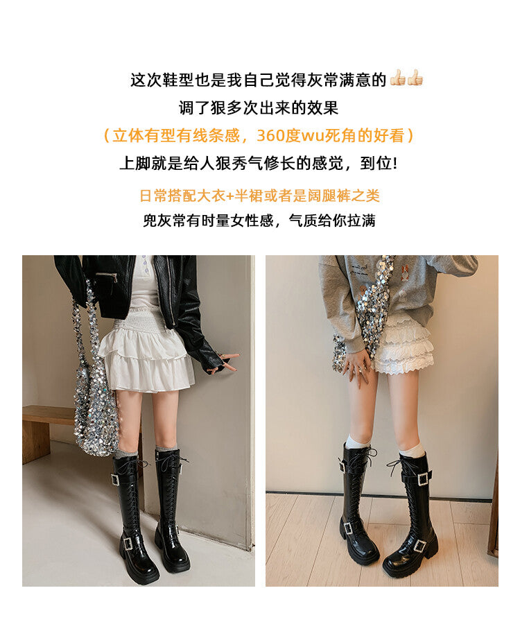 Karin Luna In Stock Spot Goods Bestselling Extended Version Rhinestone Square Buckle Thick Sole Lace-up Thick Sole Full Cowhide Knight Boots