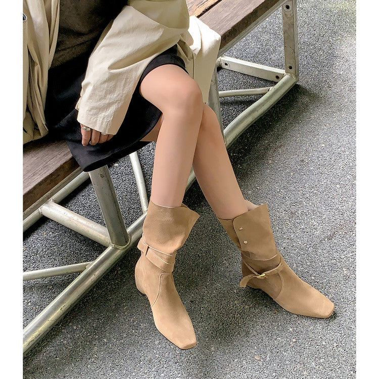 Karin Luna Foldable Belt Buckle Square Toe Hidden Wedge Short Boots