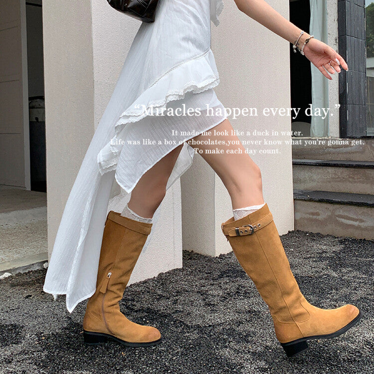 Karin Luna Chunky Heels Round Head Belt Buckle  Fashionable Suede Boots