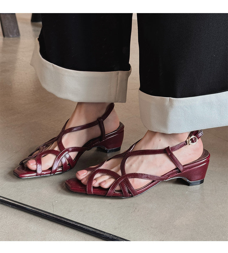 Karin Luna French Hollow Style Small Square Toe Chunky Heel Sandals