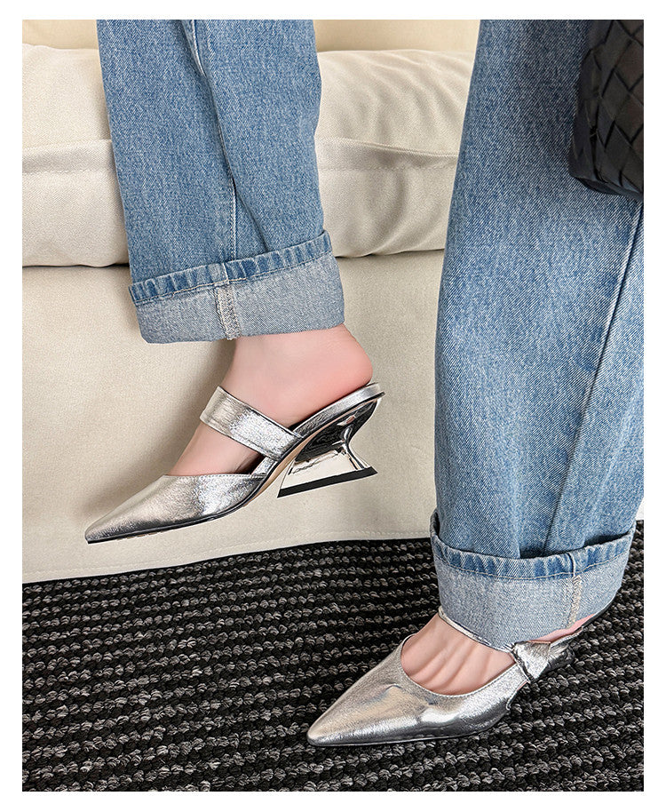 Karin Luna In Stock Spot Goods  Pointed Toe Irregular Heel Elegant Retro Strap Slippers