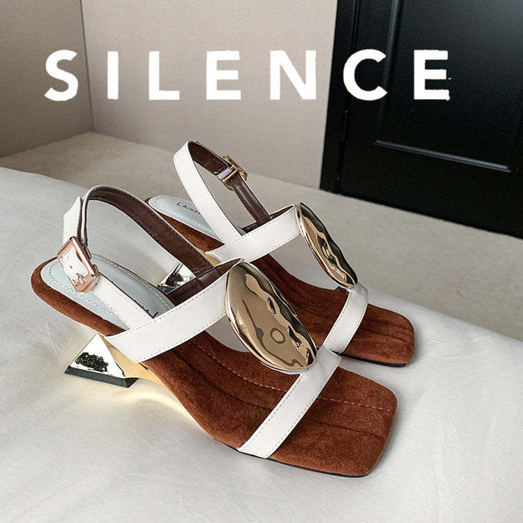 Karin Luna In Stock In Stock  Square Toe Suede Metal Heel Elegant Sandals