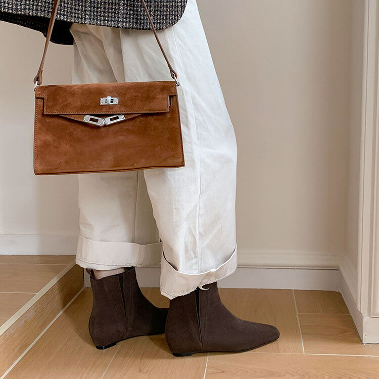 Karin Luna Classic Style Internal Height Increase Cowhide Leather Small Square Toe Short Fashion Boots