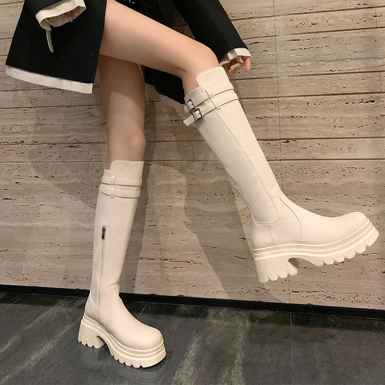 Karin Luna In Stock Best-selling in stock   Super Soft Sheepskin  Round Toe Thick Sole Vintage Belt Buckle Long Boots