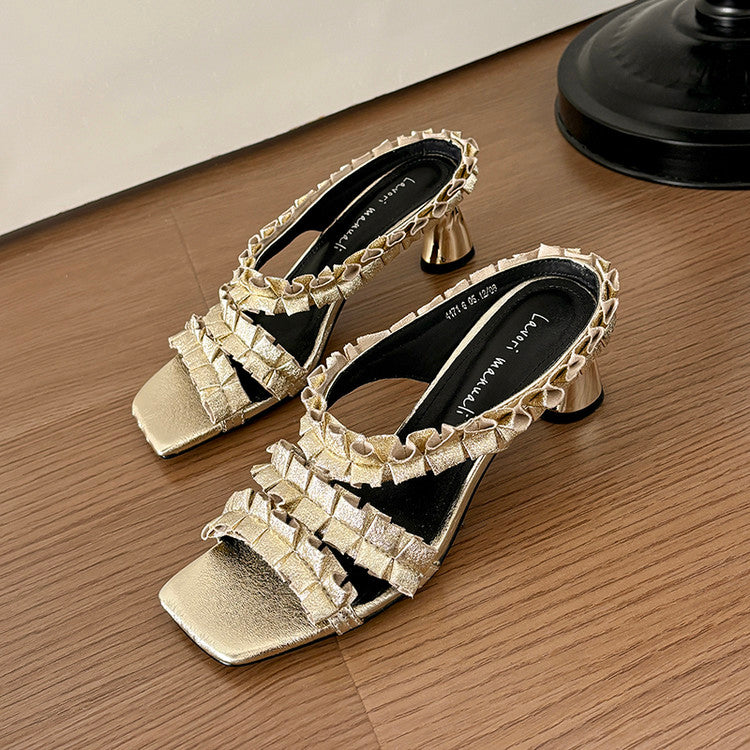Karin Luna In Stock  Spot Goods  Unique Square-Toe Pleated Lace Sandals